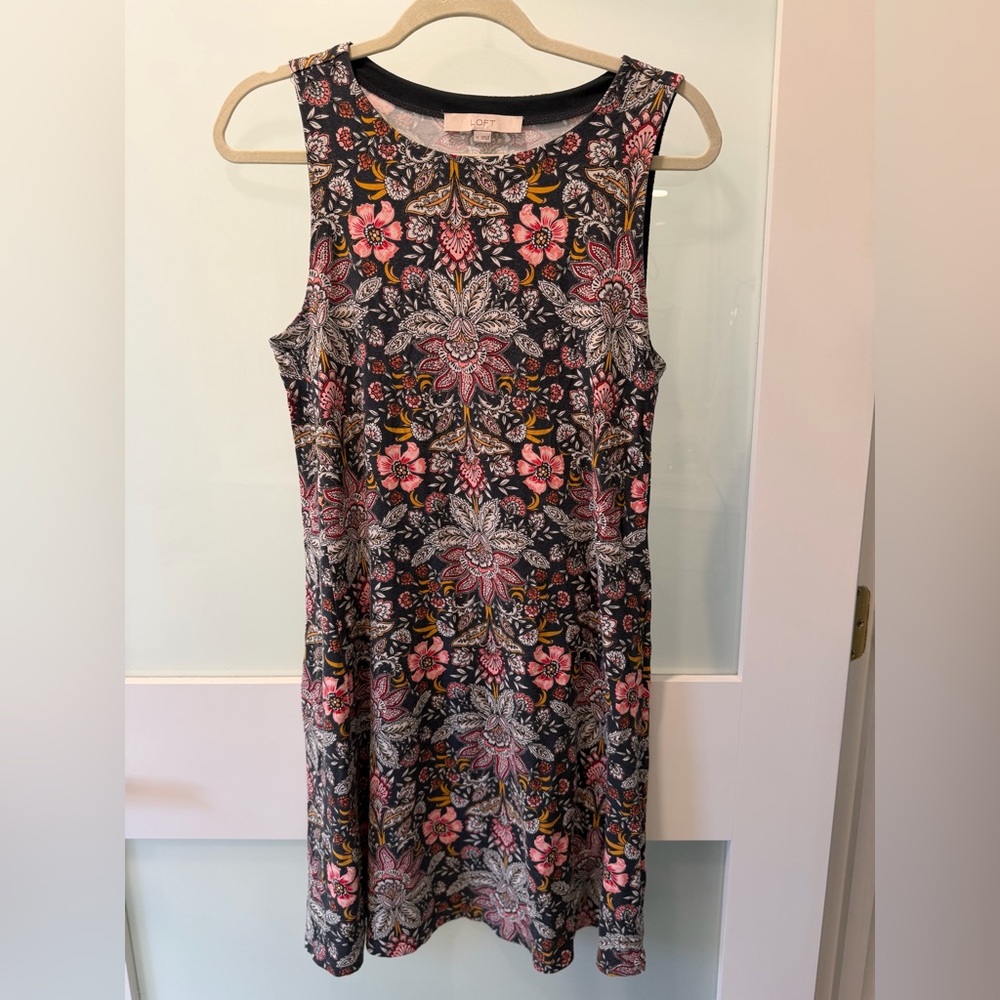 LOFT Floral Midi Dress - Pink, Black, and White